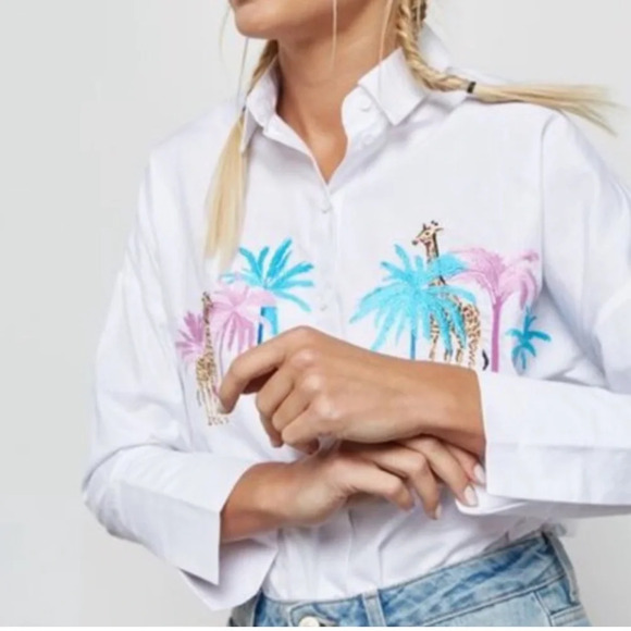 Topshop Giraffe Palm Tree White Button Down Shirt 8 Cotton Top Shop Zoo Animal M - Picture 8 of 8